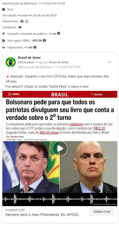 falso audio atribuido a jair bolsonaro usado em texto com layout do g1 em anuncio na meta