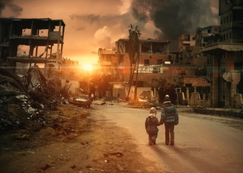 Duas menininhas sem-teto andando na cidade destruída na faixa de Gaza