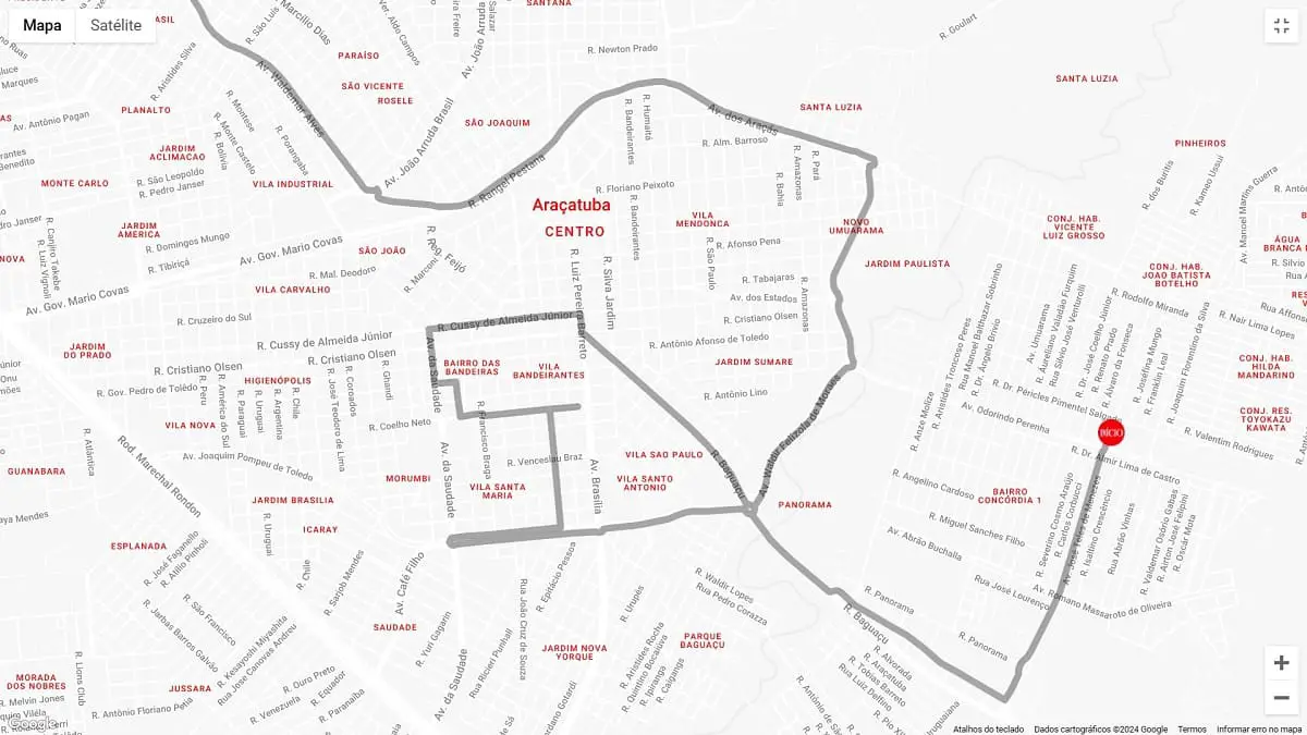 mapa da caravana de natal 2024 em Aracatuba SP