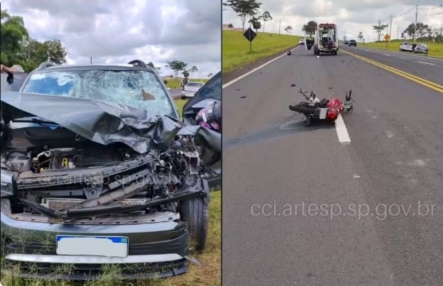 Veículo tentou desviar de uma ave morta no meio da pista e acabou atingindo uma motociclista — Foto: Artesp / Reprodução