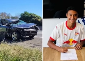 Pedro Severino, jogador do Bragantino, fica em estado grave após acidente na Anhanguera — Foto: Paula Nacasaki/Liberal/Reprodução/Instagram